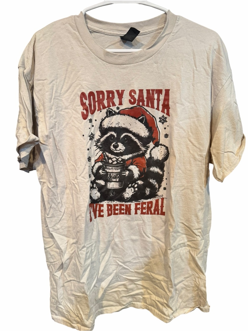 Gildan Cream Short-Sleeve Tee with Red & Black Holiday Raccoon Graphic